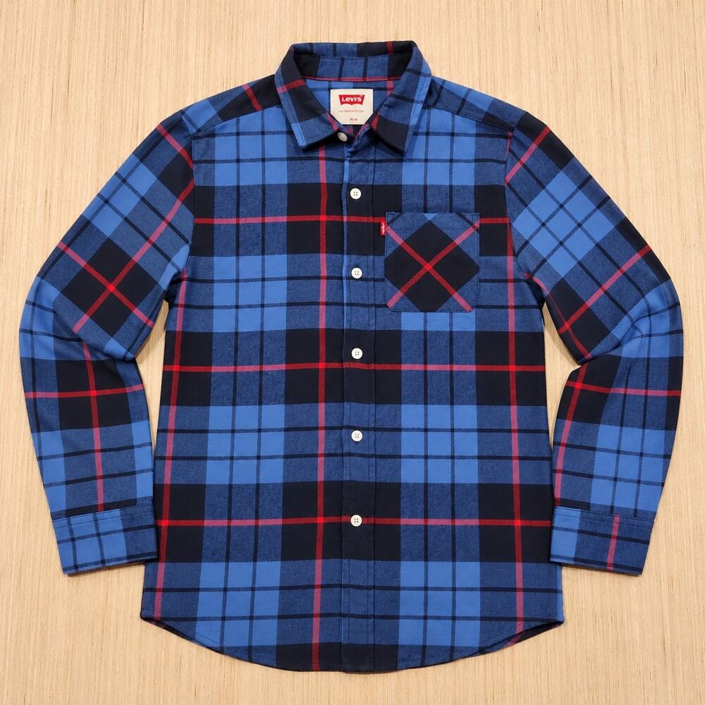 Levi's Boys L 14/16 Blue Plaid Flannel Shirt Long Sleeve Button Front
